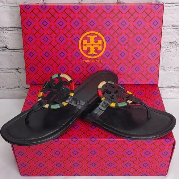 TORY BURCH 'MILLER' LEATHER THONG SANDALS EMBROIDERED W/'TB' BOX - Picture 5 of 16